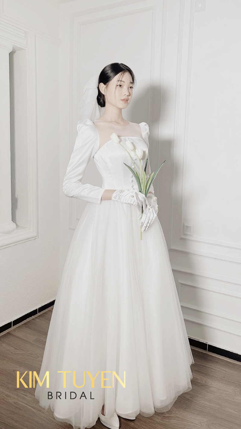 Váy cưới dài tay sang trọng, đơn giản cho cô dâu đi bàn #1008