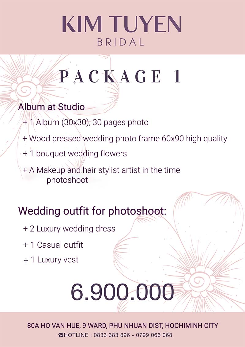 Price list for Wedding Package 1